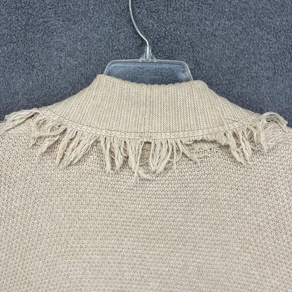 Shawl Collar Cardigan Sweater Womens M/L Beige Gray Patchwork Fringe Boho Knit - Picture 13 of 16
